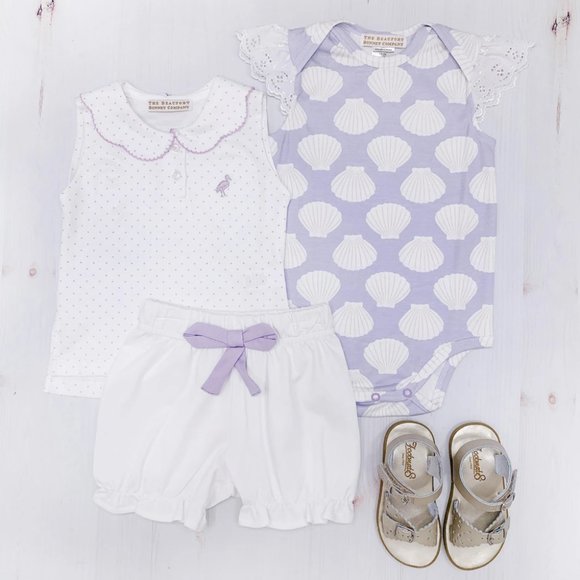 The Beaufort Bonnet Company Other - Beaufort Bonnet Company TBBC Shell We Swim Penny Play Onesie Purple White 12-18
